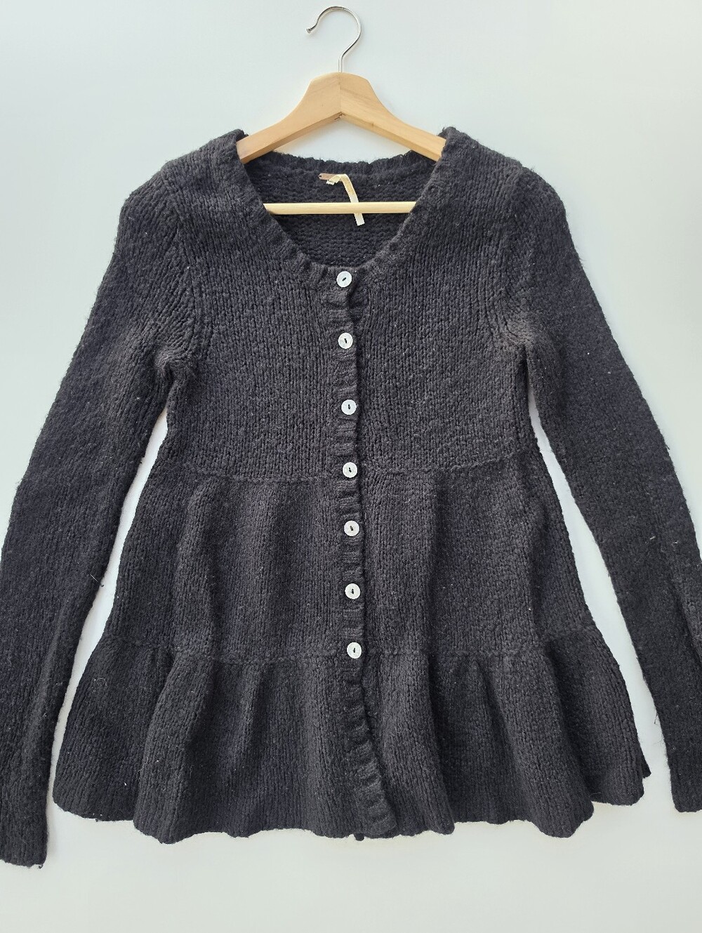 Free People Black Wool Blend Knit Tiered Babydoll Cardigan